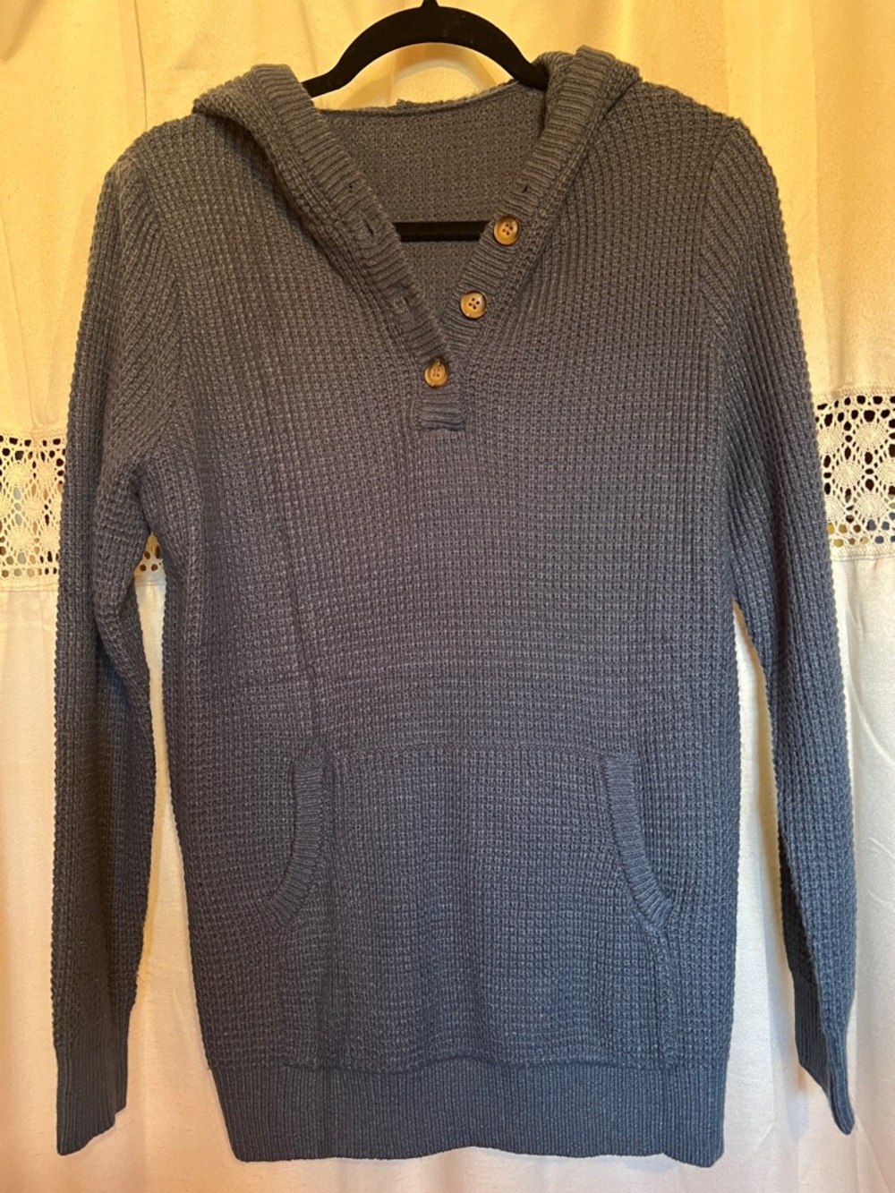Waffle Knit Hooded Pullover Sweater - Slate Blue